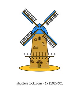 Windmill on a white isolated background. Vector illustration of flat line style