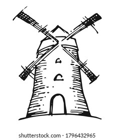 Windmill. Outline hand drawing. Vector isolated object on a white background. A farm for the production of flour and bakery products.