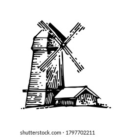 Windmill. Outline hand drawing. Vector isolated object on a white background. A farm for the production of flour and bakery products.
