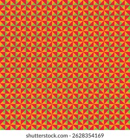 Windmill pattern created from small orange, rust red and fluorescent lime green triangles 