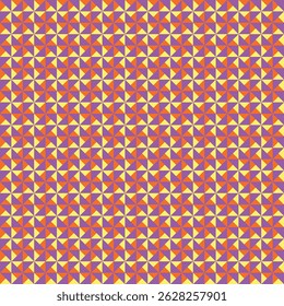 Windmill pattern created from small yellow, purple and orange triangles 