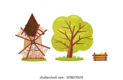 Windmühle, Birnbäume und Kiste mit Früchten als Village Elements Vektor Set