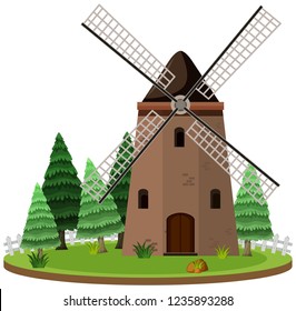 Windmill and pine tree island illustration