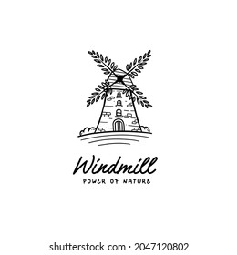 Poder de molino de viento de la naturaleza logotipo emblema de construcción emblemático con hélice de hojas