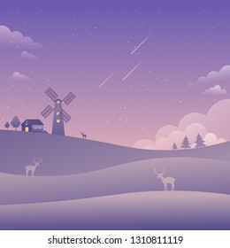 Windmill Purple Sky Landscape Falling Stars Nature Background Flat Style Vector Illustration
