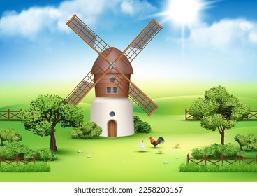 Windmill. Realistic outdoor background with windmill hills and grass field decent vector template