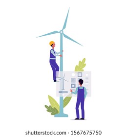 Windmill repair - cartoon maintenance worker man climbing the energy mill and technician doing virtual diagnostics. Isolated flat vector illustration on white background.