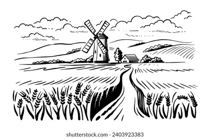 Windmill in a rural landscape.