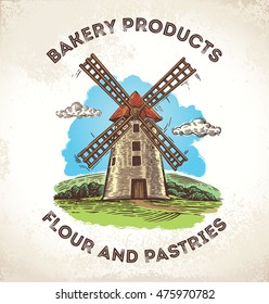 Windmill in rural landscape, drawn by hand, in a graphic style.