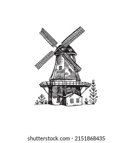 Windmill in a rural landscape, hand drawn, graphic style. Vector.