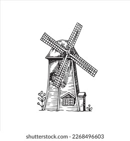 Windmill in a rural landscape, hand drawn, graphic style. Vector.