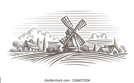 Windmill in a rural landscape illustration. Vector, layered. 