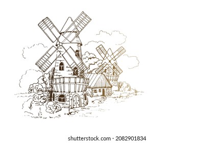 Windmill in a rural landscape, monochrome hand-drawn composition, graphic style.