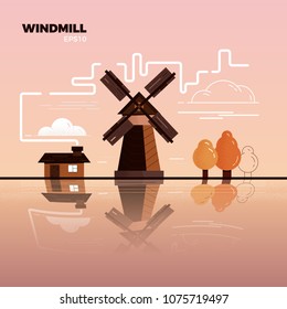 Windmill rural landscape in vector. Illustration in flat style. Sunset in countryside. Mild colors, stylish design.