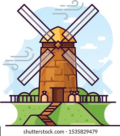 Windmill rural landscape vector illustration