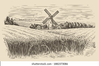 Windmill in a rural landscape. Wheat field sketch vintage vector illustration