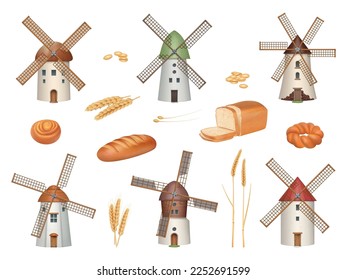 Windmill. Rural symbols construction making flour bakery food production from wheat decent vector pictures set in realistic style