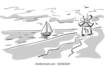 windmill sail yaht landscape of a coast. vector