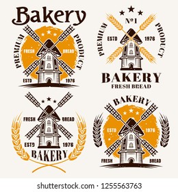 Windmill set of colored emblems, labels, badges or logos for bakery vector illustration