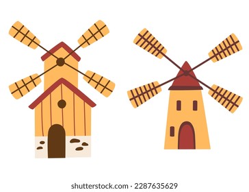 Windmill set. Traditional cartoon Dutch windmill. Use for print, wallpaper, kids clothes, fashion. Vector illustration isolated on the white background. 