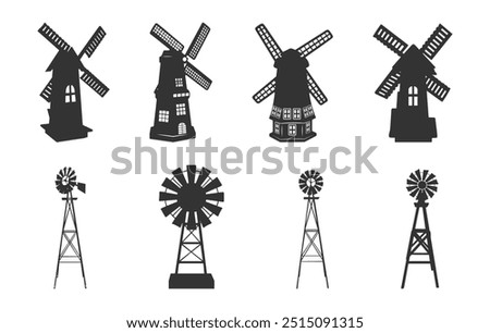 Windmill silhouette, Windmill clipart, Old windmill silhouette, Farm windmill silhouette