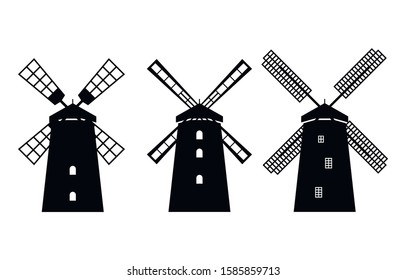 Windmill silhouette. Windmill icon or sign isolated on white background.