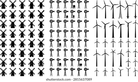 Windmill silhouette icons vector set featuring traditional dutch wind mills rustic farm water pump and modern green energy wind turbines