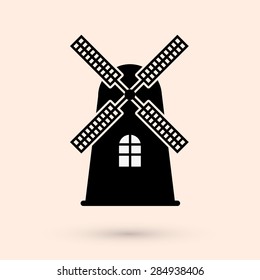 Windmill silhouette or sign isolated on white background. Mill symbol. Vector illustration.