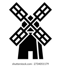 Ícone vetorial de silhueta de moinho de vento. Símbolo tradicional de construção de fazenda. Máquinas agrícolas. Marco da paisagem rural.