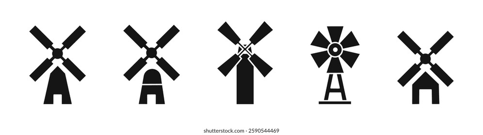 Windmill Silhouette Vector Icons Set