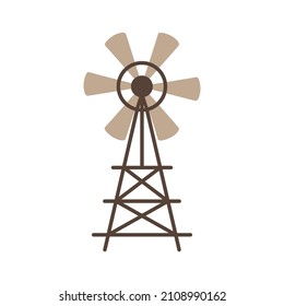 Windmill. A simple flat object for a farm or ranch. Rural life item. Means for agriculture. Ecological traditional method of grain preparation and electricity generation.