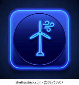 Windmill simple icon. Flat design. Blue neon style on button. With shadow.ai