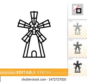 Windmill single line icon. Farm grain flour mill flat banner. Wind house poster. Gristmill linear pictogram. Simple outline symbol Isolated vector illustration sign, editable stroke icons without fill