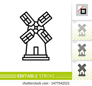 Windmill single line icon. Farm grain flour mill flat banner. Wind house poster. Gristmill linear pictogram. Simple outline symbol Isolated vector illustration sign, editable stroke icons without fill