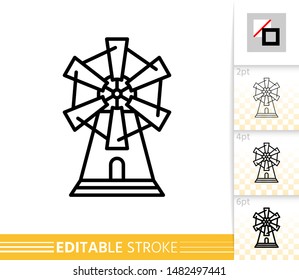 Windmill single line icon. Farm grain flour mill flat banner. Wind house poster. Gristmill linear pictogram. Simple outline symbol Isolated vector illustration sign, editable stroke icons without fill