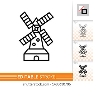 Windmill single line icon. Farm grain flour mill flat banner. Wind house poster. Gristmill linear pictogram. Simple outline symbol Isolated vector illustration sign, editable stroke icons without fill