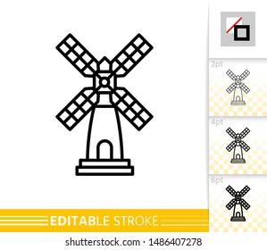Windmill single line icon. Farm grain flour mill flat banner. Wind house poster. Gristmill linear pictogram. Simple outline symbol Isolated vector illustration sign, editable stroke icons without fill