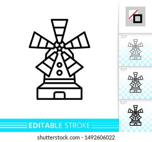 Windmill single line icon. Farm grain flour mill flat banner. Wind house poster. Gristmill linear pictogram. Simple outline symbol Isolated vector illustration sign, editable stroke icons without fill