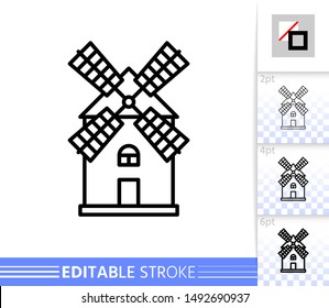 Windmill single line icon. Farm grain flour mill flat banner. Wind house poster. Gristmill linear pictogram. Simple outline symbol Isolated vector illustration sign, editable stroke icons without fill