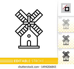 Windmill single line icon. Farm grain flour mill flat banner. Wind house poster. Gristmill linear pictogram. Simple outline symbol Isolated vector illustration sign, editable stroke icons without fill