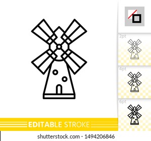 Windmill single line icon. Farm grain flour mill flat banner. Wind house poster. Gristmill linear pictogram. Simple outline symbol Isolated vector illustration sign, editable stroke icons without fill