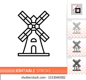 Windmill single line icon. Farm grain flour mill flat banner. Wind house poster. Gristmill linear pictogram. Simple outline symbol Isolated vector illustration sign, editable stroke icons without fill