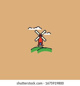 Windmill single line icon. Farm grain flour mill flat banner. Wind house poster. Gristmill linear pictogram. Simple outline symbol Isolated vector illustration sign, editable stroke icons without fill