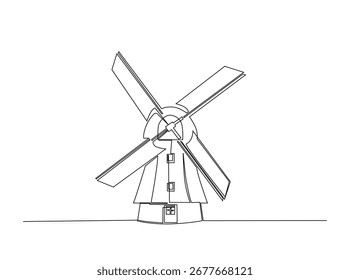 Moinho de vento na ilustração de contorno único. Desenho de arte de linha contínua de moinho de vento vintage. Traçado editável.