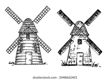 Windmill Sketch. Hand drawn vintage Mill set. Engraved style vector illustration. isolated on white background. Village Mill House Doodle. Isolated.