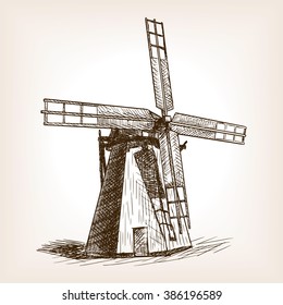 Windmill sketch style vector illustration. Old engraving imitation. Wind mill hand drawn sketch imitation