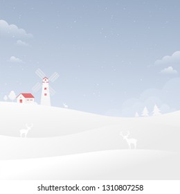 Windmill Snow Falling Landscape Landscape Falling Stars Nature Background Flat Style Vector Illustration