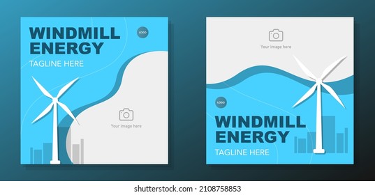 Windmill social media post banner set, green wind energy advertisement concept, sustainable electricity abstract square ad, eco friendly turbine flyer, leaflet, isolated.