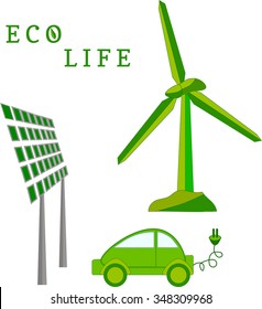  Windmill, solar battery, electric car - eco life vector