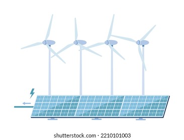 Windmill and solar panel. Alternative energy sources. Caring for environment and reducing emissions of harmful substances, electricity. Poster or banner for website. Cartoon flat vector illustration